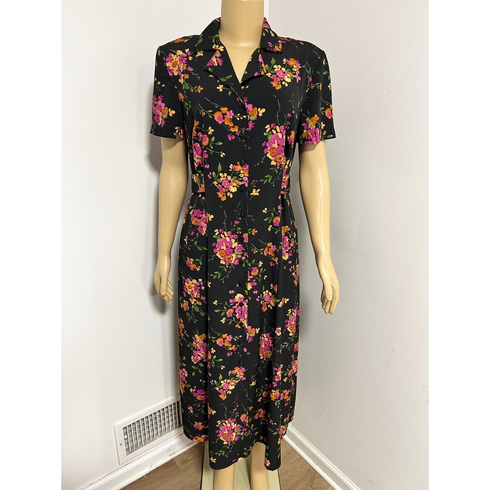 Miss Dorby Vintage Floral Button Maxi Dress Black Pink Orange 8 COTTAGECORE